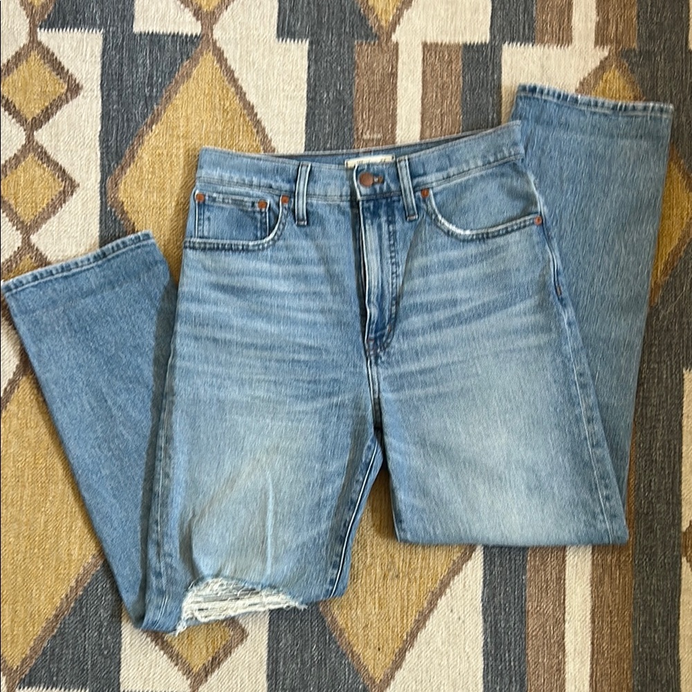 Madewell Perfect Vintage Straight Jean - Light Blue Distressed Jeans, size 28